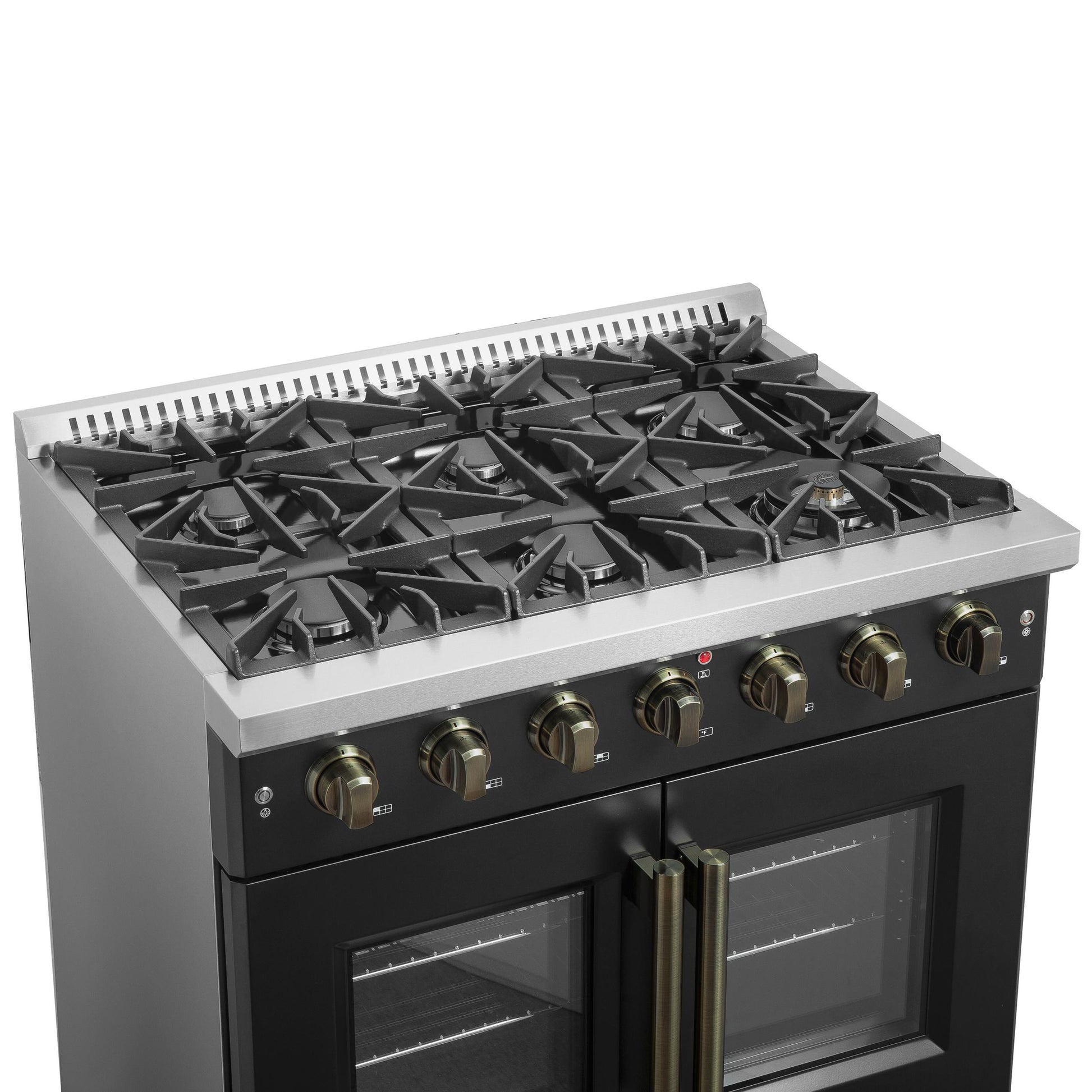 Forno FFSGS644436BLK Forno Galiano 36-Inch French Door Gas Range Black And Antique Brass Design, 6 Sealed Burners 83,000 Btu, 5.36 Cu.Ft. Convection Oven