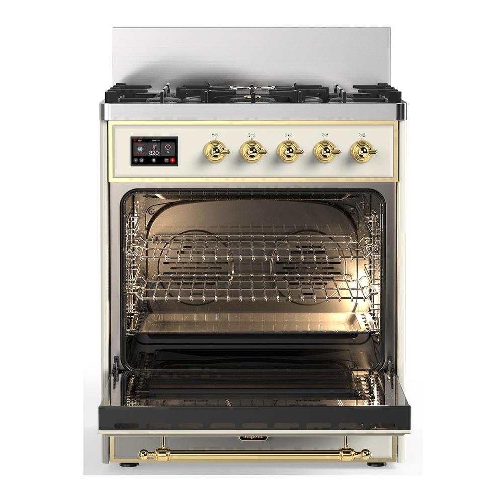 Ilve UM30QNR3AWG Ilve Um30Qnr3Awg Majestic Iii 30 Inch Dual Fuel Range With 5 Black Brass Burners, Dual Function Burner Up To 25,000 Btu (Natural Gas, Solid Door, Antique White, Brass)