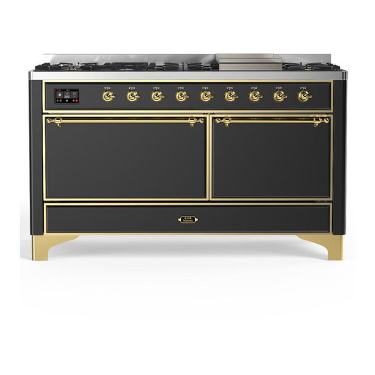 Ilve UM60FQNR3MGG Ilve Um60Fqnr3Mgg Majestic Iii 60 Inch Dual Fuel Range With 9 Burners And Griddle, Dual Function Burner Up To 25,000 Btu (Natural Gas, Solid Door, Graphite Matte, Brass)