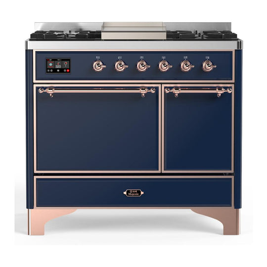 Ilve UMD40FQNR3MBPLP Ilve Umd40Fqnr3Mbplp Majestic Iii 40 Inch Dual Fuel Range With 6 Burners And Griddle, Dual Function Burner Up To 25,000 Btu (Liquid Propane, Solid Door, Midnight Blue, Copper)