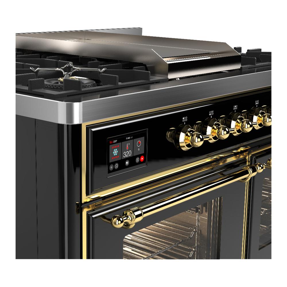 Ilve UMD40FNR3BKGLP Ilve Umd40Fnr3Bkglp Majestic Iii 40 Inch Dual Fuel Range With 6 Burners And Griddle, Dual Function Burner Up To 25,000 Btu (Liquid Propane, Triple Glass Door, Glossy Black, Brass)