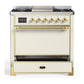 Ilve UM36FQNR3AWGLP Ilve Um36Fqnr3Awglp Majestic Iii 36 Inch Dual Fuel Range With 6 Black Brass Burners And Griddle, Dual Function Burner Up To 25,000 Btu (Solid Door, Antique White, Brass, Liquid Propane)