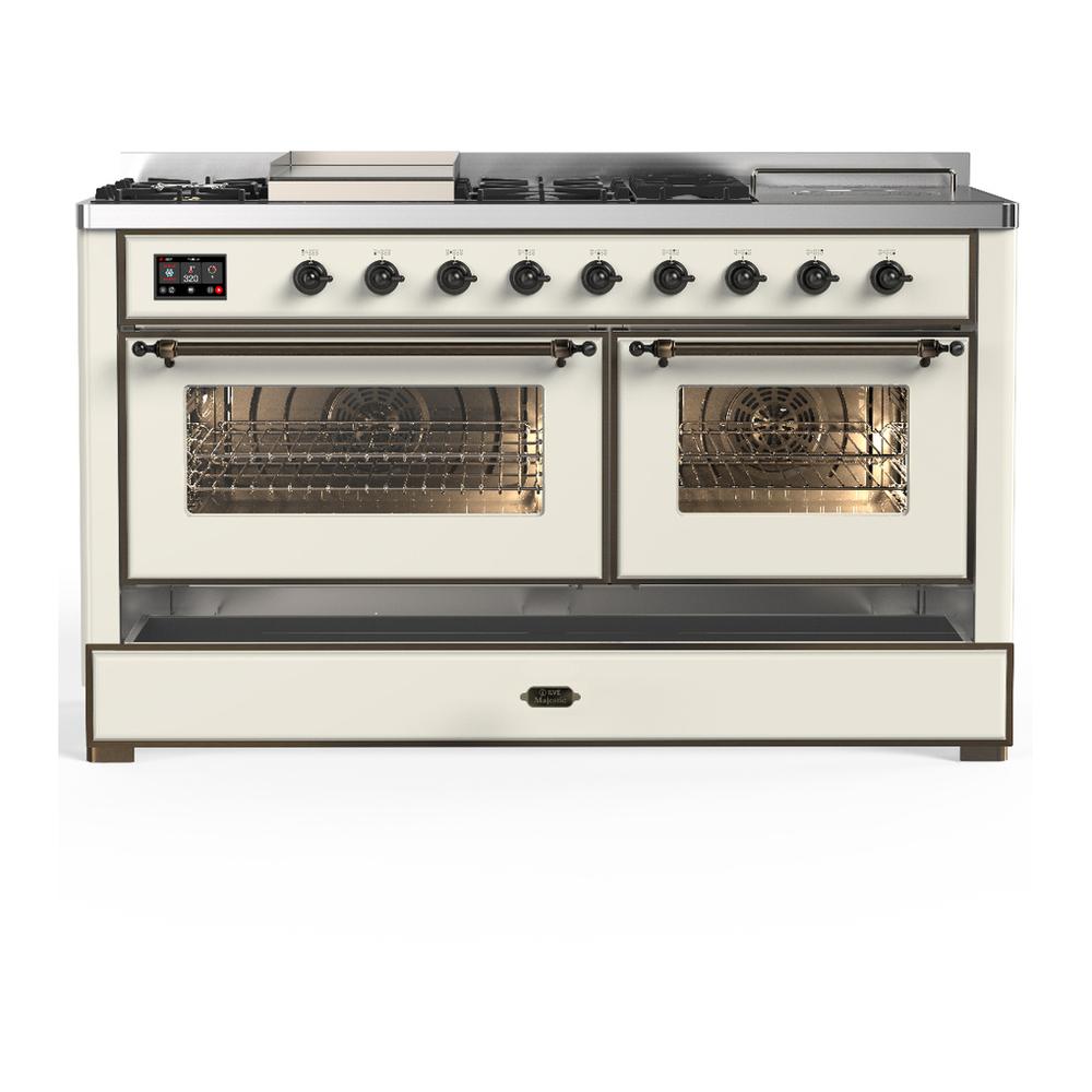 Ilve UM60FSNR3AWB Ilve Um60Fsnr3Awb Majestic Iii 60 Inch Dual Fuel Range With 7 Burners, Griddle And French Top, Dual Function Burner With Up To 25,000 Btu (Natural Gas, Triple Glass Door, Antique White, Burnished)