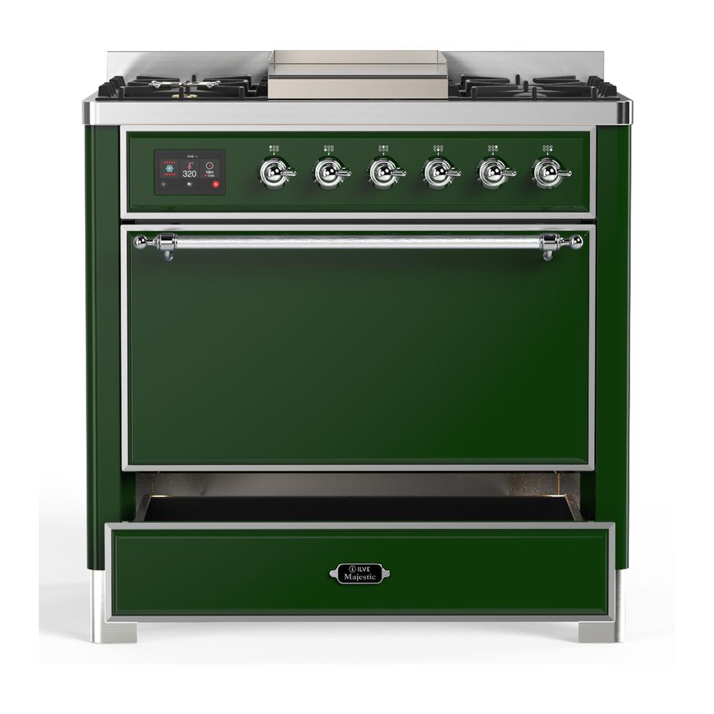 Ilve UM36FQNR3EGCLP Ilve Um36Fqnr3Egclp Majestic Iii 36 Inch Dual Fuel Range With 6 Black Brass Burners And Griddle, Dual Function Burner Up To 25,000 Btu (Solid Door, Emerald Green, Chrome, Liquid Propane)