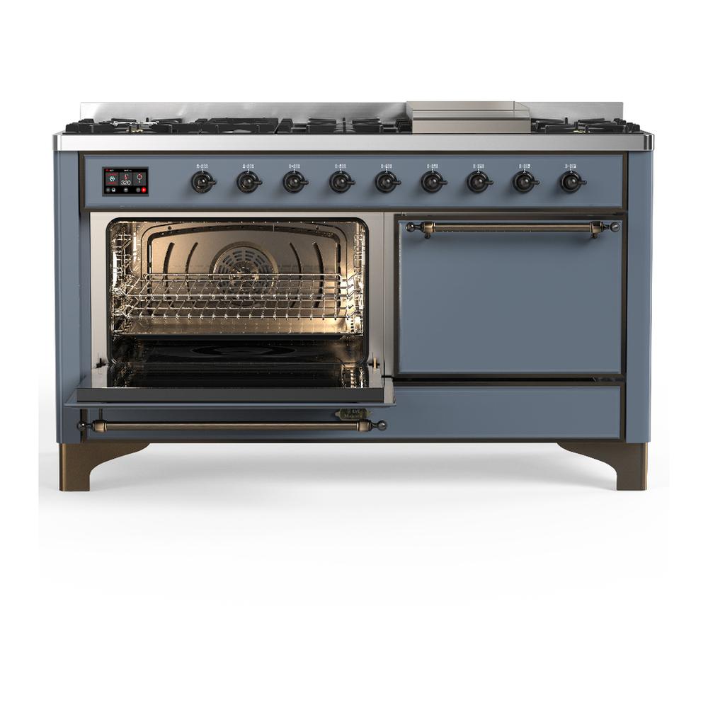 Ilve UM60FQNR3BGB Ilve Um60Fqnr3Bgb Majestic Iii 60 Inch Dual Fuel Range With 9 Burners And Griddle, Dual Function Burner Up To 25,000 Btu (Natural Gas, Solid Door, Blue Grey, Burnished)