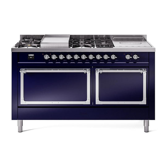 Ilve UN60FSQNMPMBC Ilve Un60Fsqnmpmbc Nostalgie Ii Noblesse 60" Dual Fuel Range (7 Sealed Burners + Griddle + French Top, Natural Gas, Solid Door, Midnight Blue, Chrome)