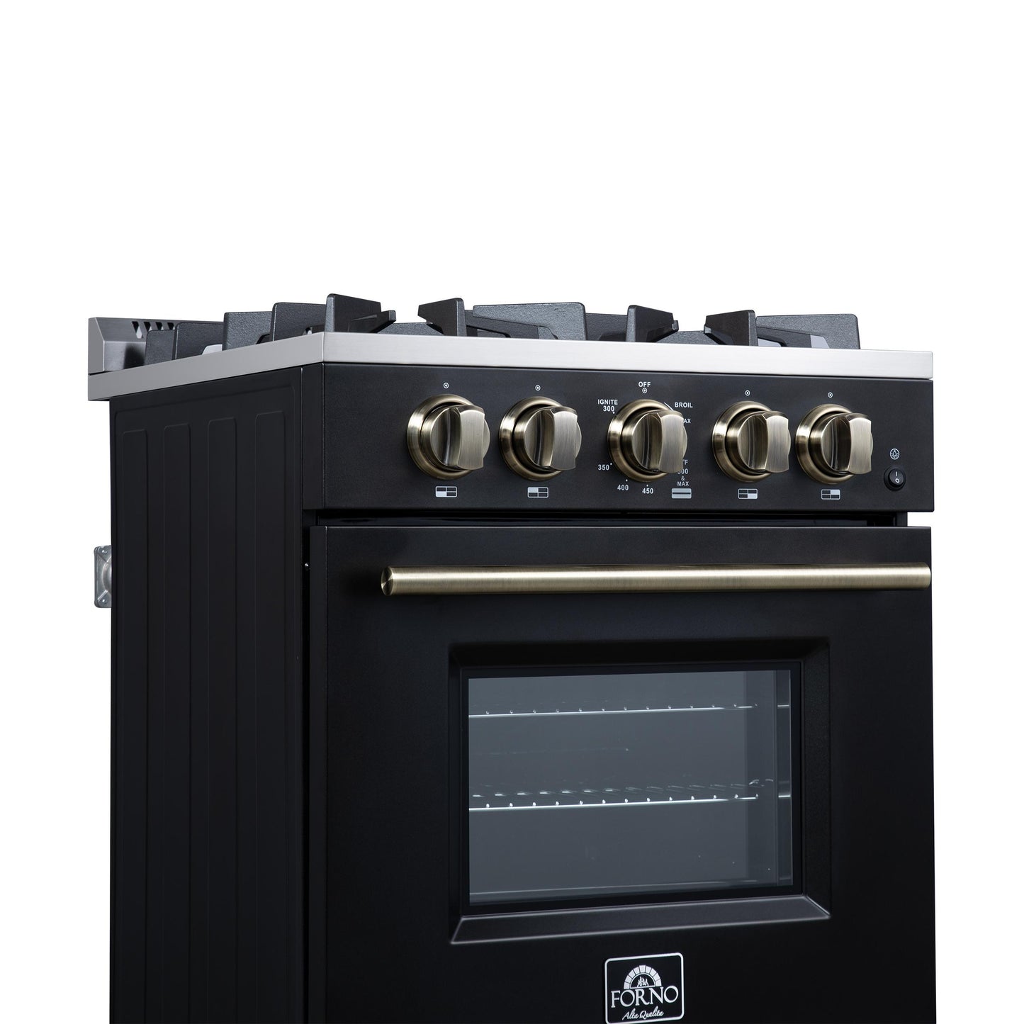 Forno FFSGS627224BLK Forno Breno 24 Inch Freestanding Gas Range In Black With Antique Brass, Compact Design