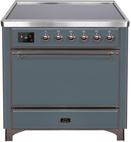 Ilve UMI09QNS3BGB Majestic Ii 36 Inch Electric Freestanding Range In Blue Grey With Bronze Trim