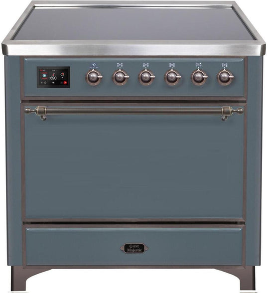 Ilve UMI09QNS3BGB Majestic Ii 36 Inch Electric Freestanding Range In Blue Grey With Bronze Trim
