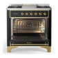 Ilve UM36FNR3BKGLP Ilve Um36Fnr3Bkglp Majestic Iii 36 Inch Dual Fuel Range With 6 Black Brass Burners And Griddle, Dual Function Burner Up To 25,000 Btu (Triple Glass Door, Glossy Black, Brass, Liquid Propane)
