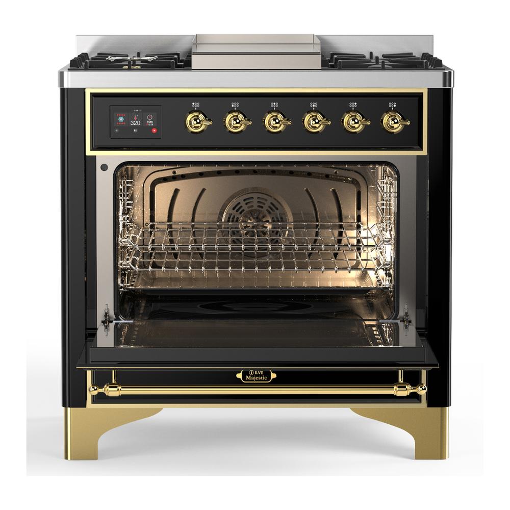 Ilve UM36FNR3BKGLP Ilve Um36Fnr3Bkglp Majestic Iii 36 Inch Dual Fuel Range With 6 Black Brass Burners And Griddle, Dual Function Burner Up To 25,000 Btu (Triple Glass Door, Glossy Black, Brass, Liquid Propane)