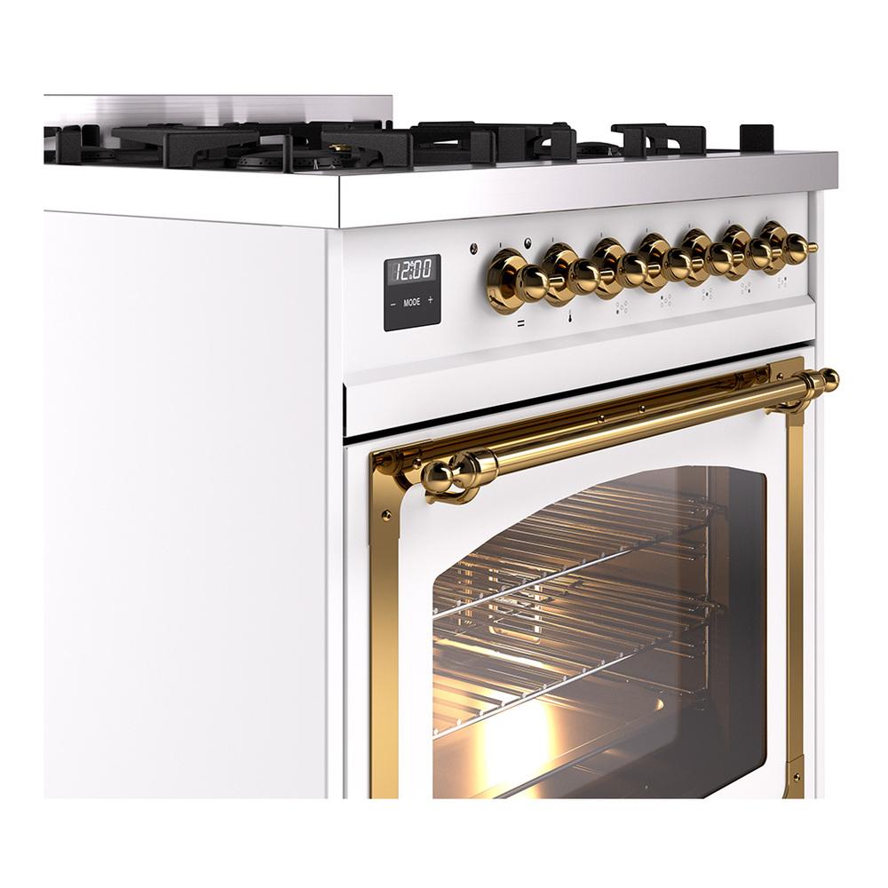 Ilve UN30NMPWHG Ilve Un30Nmpwhg Nostalgie Ii Noblesse 30" Dual Fuel Range (Natural Gas, Triple Glass Door, White, Brass)