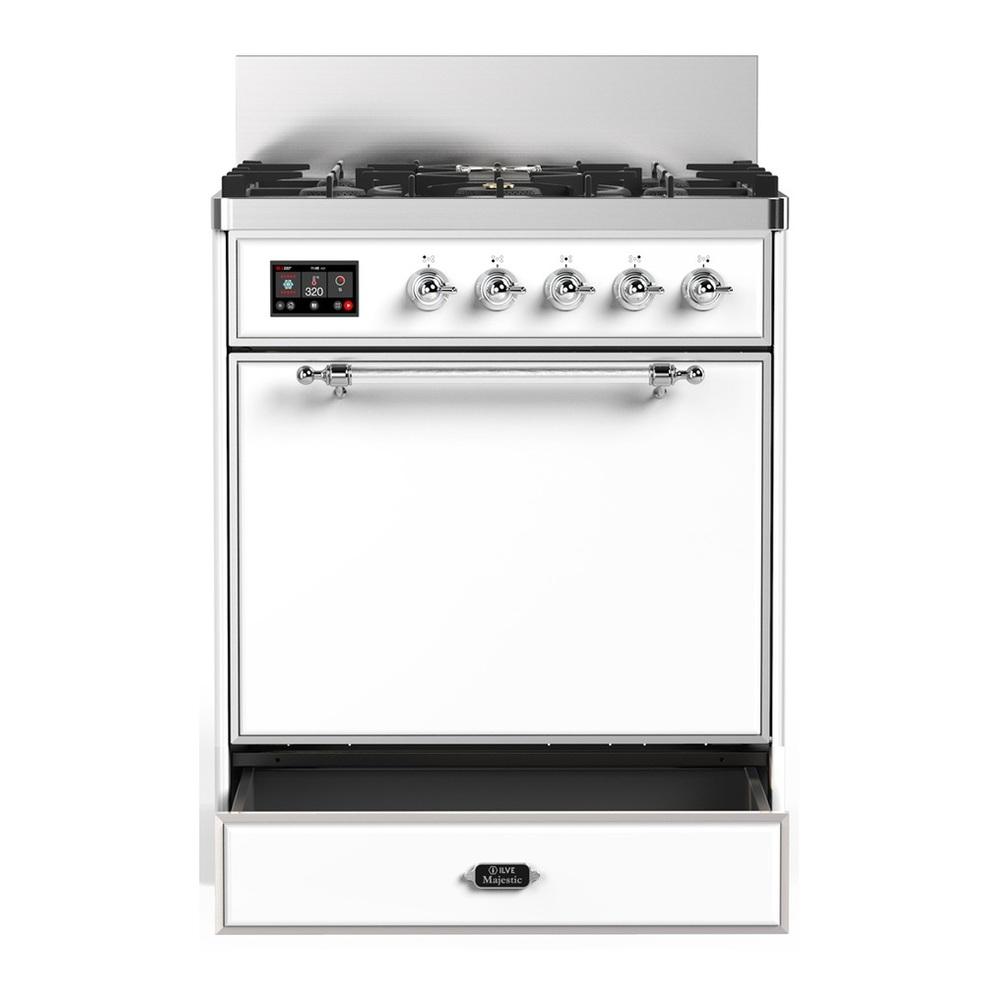 Ilve UM30QNR3WHCLP Ilve Um30Qnr3Whclp Majestic Iii 30 Inch Dual Fuel Range With 5 Black Brass Burners, Dual Function Burner Up To 25,000 Btu (Liquid Propane, Solid Door, White, Chrome)
