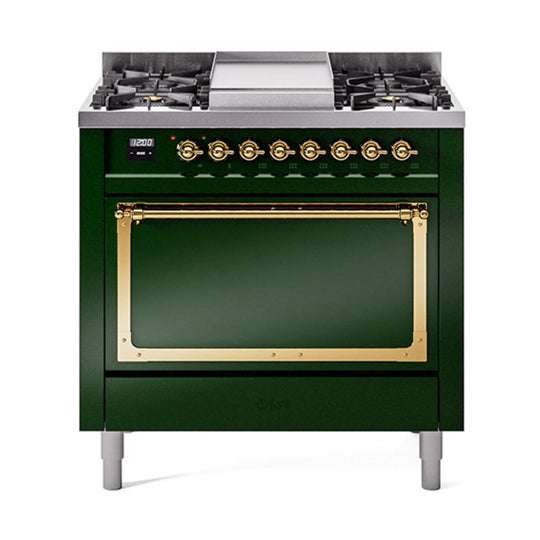 Ilve UN36FQNMPEGGLP Ilve Un36Fqnmpegglp Nostalgie Ii Noblesse 36" Dual Fuel Range (Liquid Propane, Solid Door, Emerald Green, Brass)