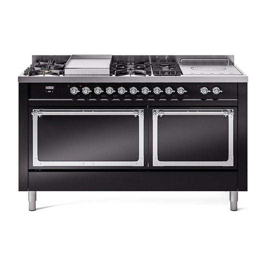 Ilve UN60FSQNMPBKCLP Ilve Un60Fsqnmpbkclp Nostalgie Ii Noblesse 60" Dual Fuel Range (7 Sealed Burners + Griddle + French Top, Liquid Propane, Solid Door, Glossy Black, Chrome)