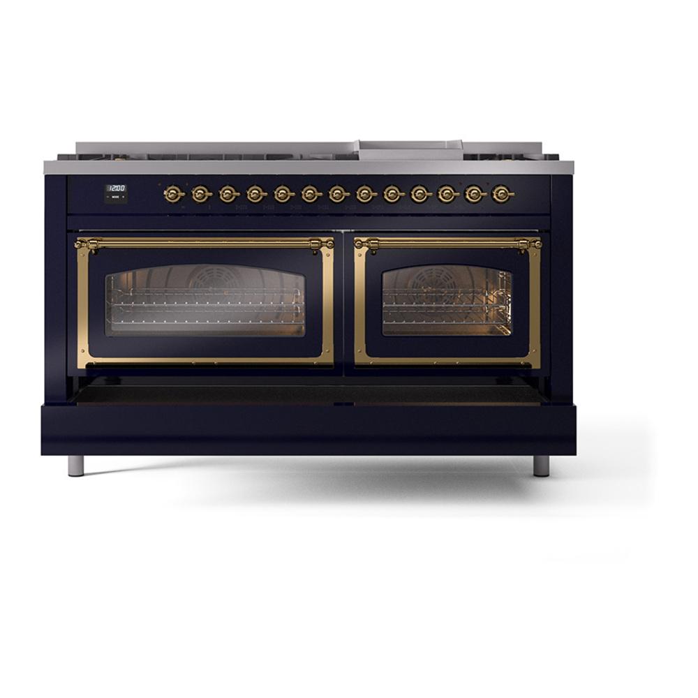Ilve UN60FNMPMBG Ilve Un60Fnmpmbg Nostalgie Ii Noblesse 60" Dual Fuel Range (9 Sealed Burners + Griddle, Natural Gas, Triple Glass Door, Midnight Blue, Brass)