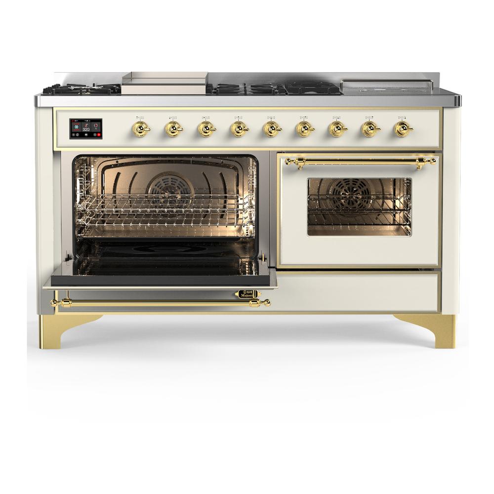Ilve UM60FSNR3AWG Ilve Um60Fsnr3Awg Majestic Iii 60 Inch Dual Fuel Range With 7 Burners, Griddle And French Top, Dual Function Burner With Up To 25,000 Btu (Natural Gas, Triple Glass Door, Antique White, Brass)