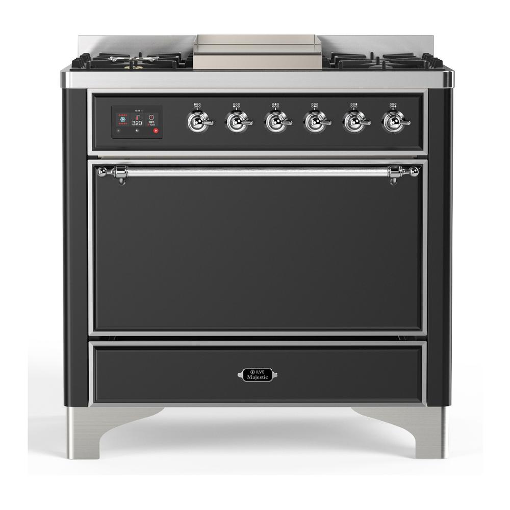 Ilve UM36FQNR3MGC Ilve Um36Fqnr3Mgc Majestic Iii 36 Inch Dual Fuel Range With 6 Black Brass Burners And Griddle, Dual Function Burner Up To 25,000 Btu (Solid Door, Graphite Matte, Chrome, Natural Gas)