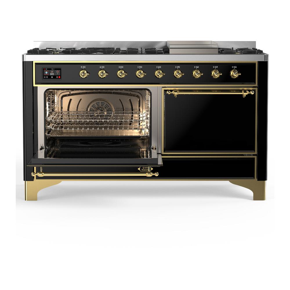 Ilve UM60FQNR3BKG Ilve Um60Fqnr3Bkg Majestic Iii 60 Inch Dual Fuel Range With 9 Burners And Griddle, Dual Function Burner Up To 25,000 Btu (Natural Gas, Solid Door, Glossy Black, Brass)