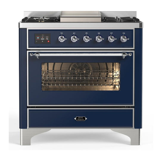 Ilve UM36FNR3MBCLP Ilve Um36Fnr3Mbclp Majestic Iii 36 Inch Dual Fuel Range With 6 Black Brass Burners And Griddle, Dual Function Burner Up To 25,000 Btu (Triple Glass Door, Midnight Blue, Chrome, Liquid Propane)