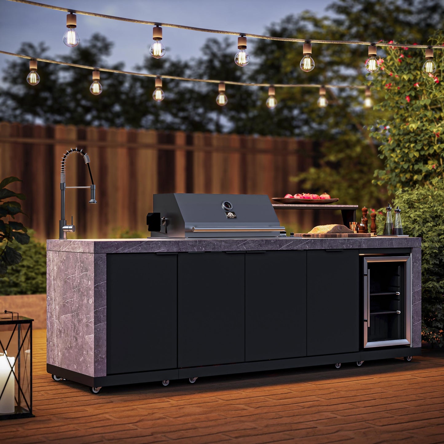 Forno FODKT2544BLK Forno Rimini Outdoor Kitchen 30" Bbq 62,600 Btu, 3 Burners With Sear & Rotisserie, 2.4 Cu.Ft. Beverage Center, Stainless Steel Sink, Black Cabinets & Gray Sintered Stone Countertop