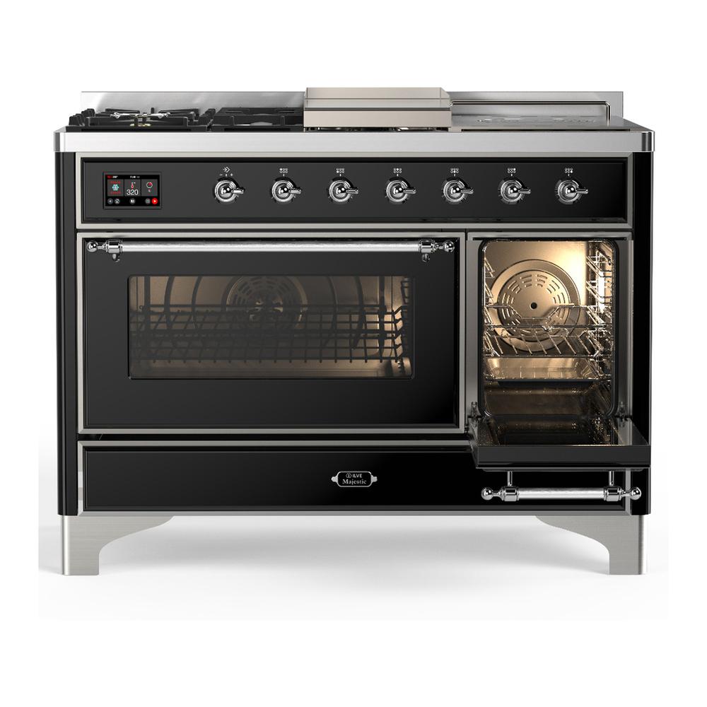 Ilve UM48FSNR3BKC Ilve Um48Fsnr3Bkc Majestic Iii 48 Inch Dual Fuel Range With 5 Black Brass Burners, Griddle And French Top, Dual Function Burner Up To 25,000 Btu (Natural Gas, Triple Glass Door, Glossy Black, Chrome)