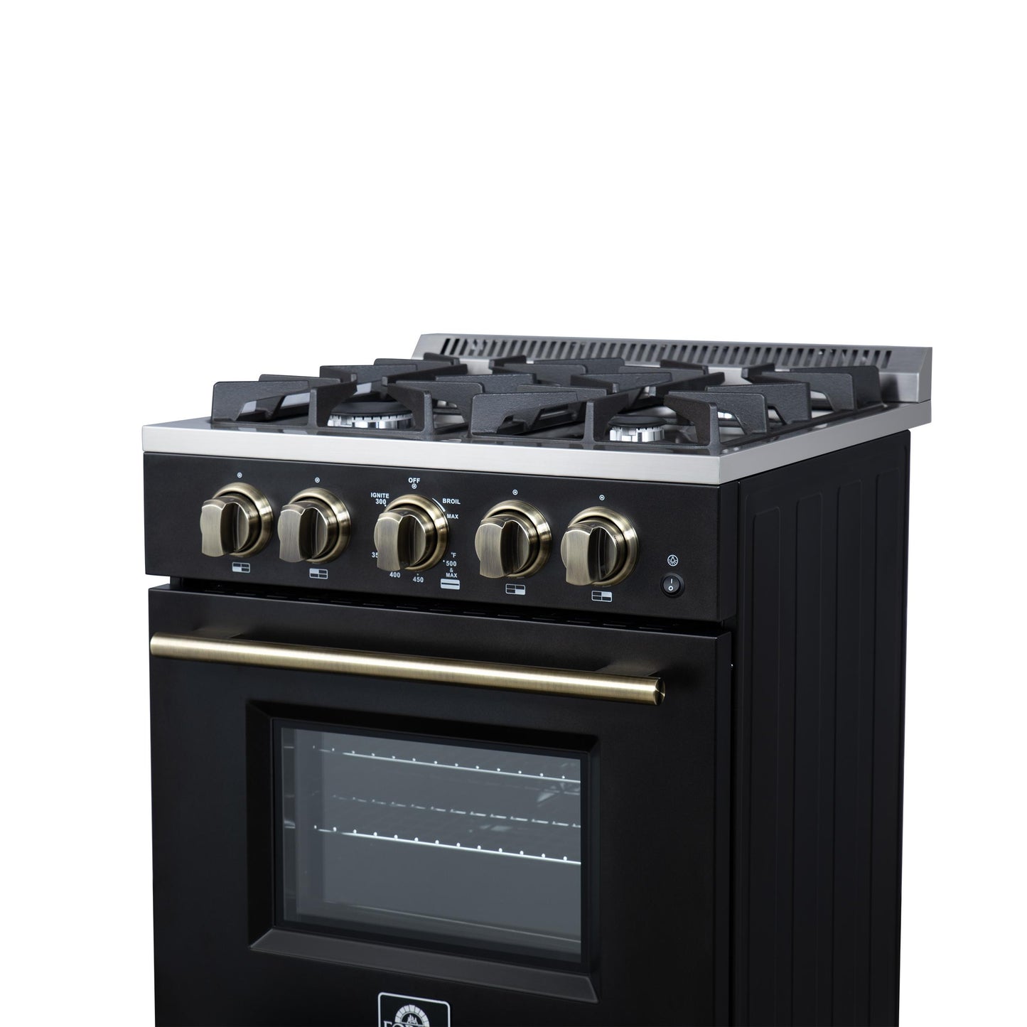 Forno FFSGS627224BLK Forno Breno 24 Inch Freestanding Gas Range In Black With Antique Brass, Compact Design