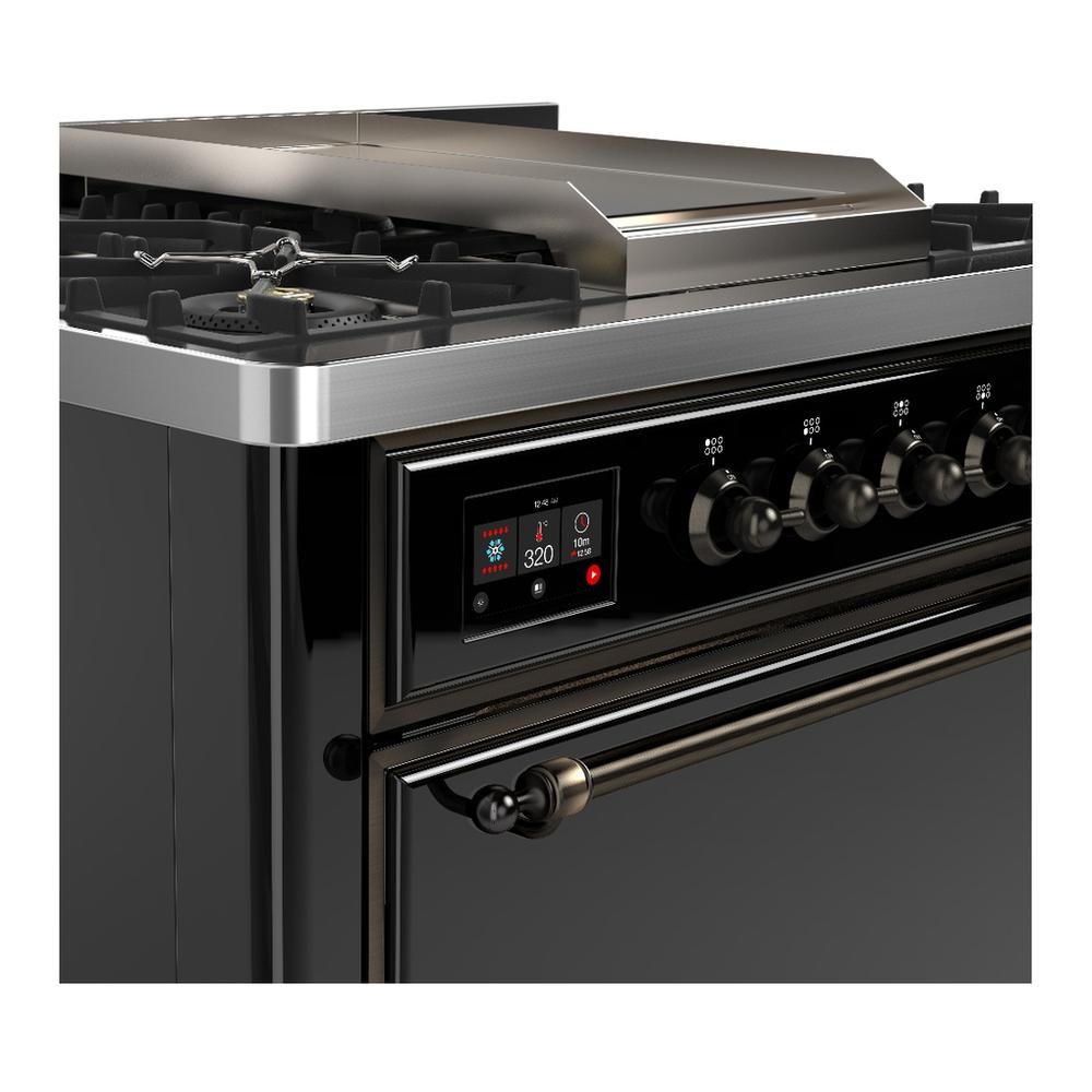 Ilve UM36FQNR3BKBLP Ilve Um36Fqnr3Bkblp Majestic Iii 36 Inch Dual Fuel Range With 6 Black Brass Burners And Griddle, Dual Function Burner Up To 25,000 Btu (Solid Door, Glossy Black, Burnished, Liquid Propane)