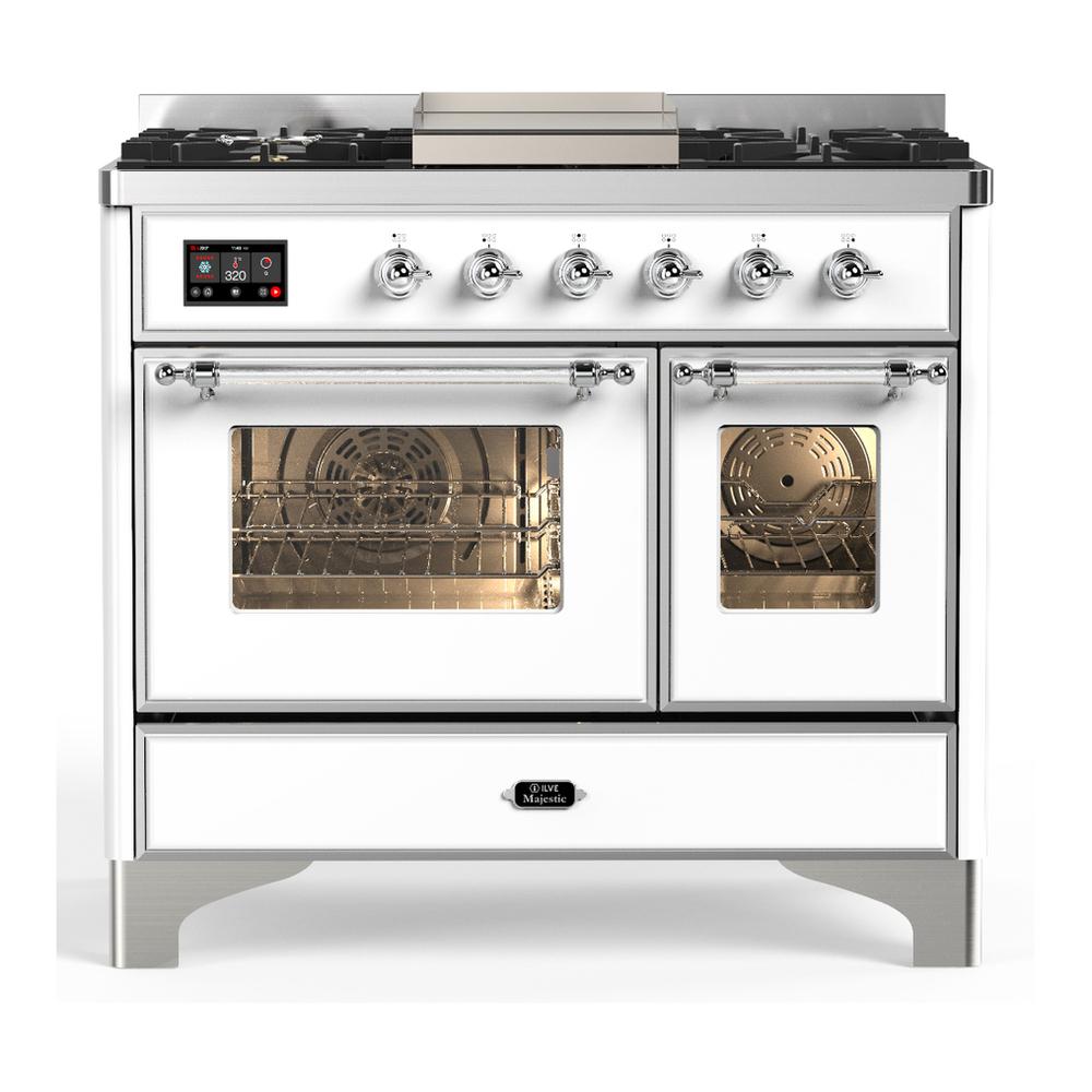 Ilve UMD40FNR3WHCLP Ilve Umd40Fnr3Whclp Majestic Iii 40 Inch Dual Fuel Range With 6 Burners And Griddle, Dual Function Burner Up To 25,000 Btu (Liquid Propane, Triple Glass Door, White, Chrome)