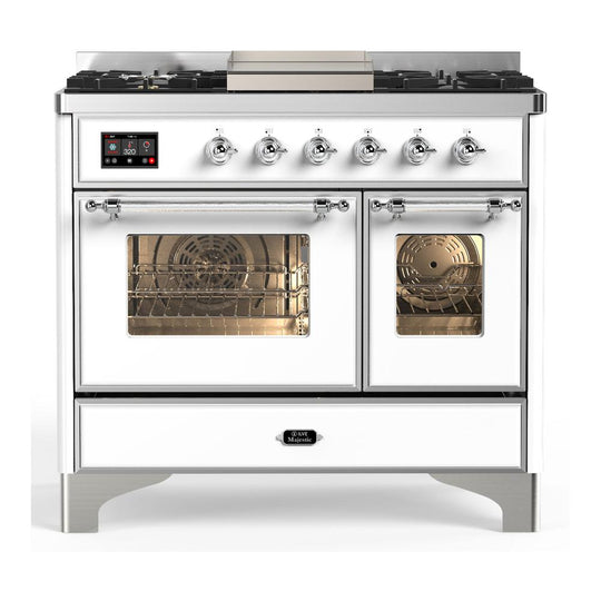 Ilve UMD40FNR3WHCLP Ilve Umd40Fnr3Whclp Majestic Iii 40 Inch Dual Fuel Range With 6 Burners And Griddle, Dual Function Burner Up To 25,000 Btu (Liquid Propane, Triple Glass Door, White, Chrome)
