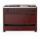 Ilve UM48FQNR3BUB Ilve Um48Fqnr3Bub Majestic Iii 48 Inch Dual Fuel Range With 8 Burners And Griddle, Dual Function Burner Up To 25,000 Btu (Natural Gas, Solid Door, Burgundy, Burnished)
