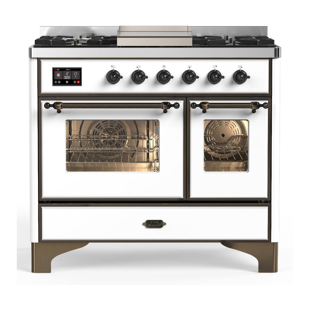 Ilve UMD40FNR3WHB Ilve Umd40Fnr3Whb Majestic Iii 40 Inch Dual Fuel Range With 6 Burners And Griddle, Dual Function Burner Up To 25,000 Btu (Natural Gas, Triple Glass Door, White, Burnished)