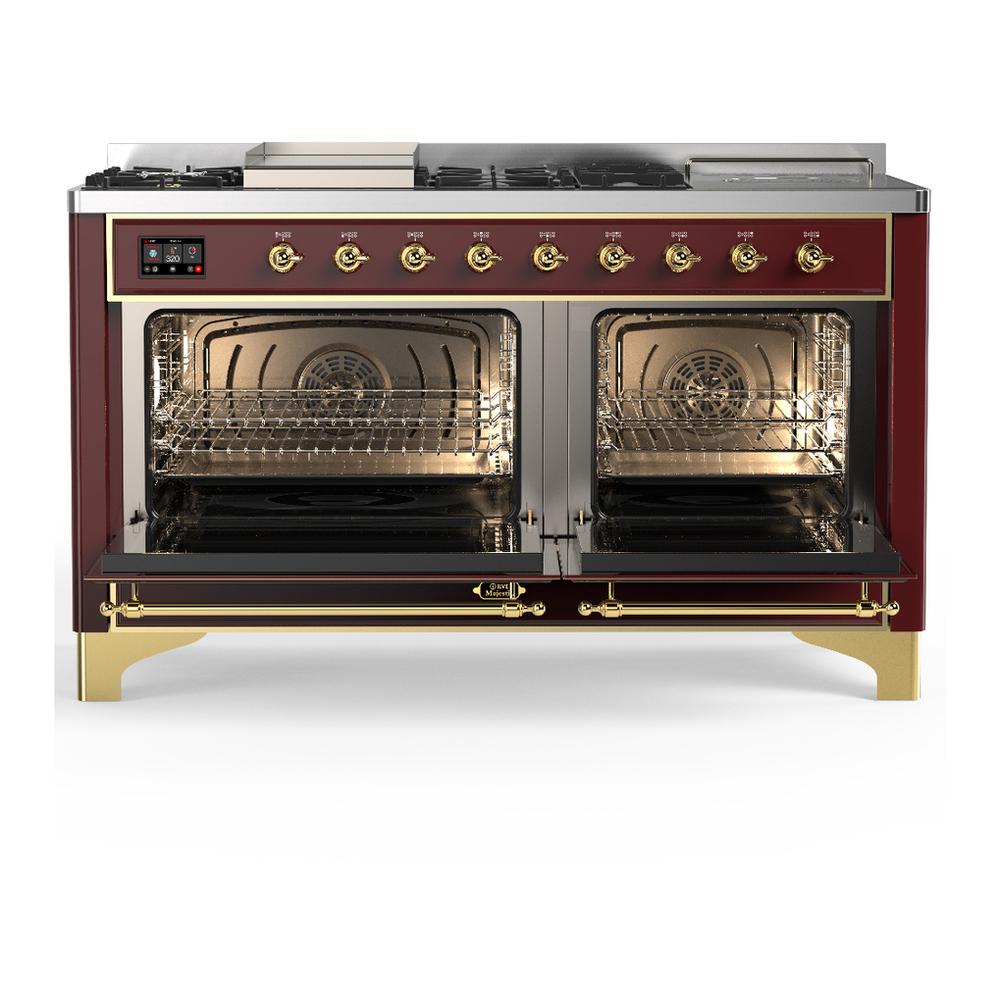 Ilve UM60FSNR3BUGLP Ilve Um60Fsnr3Buglp Majestic Iii 60 Inch Dual Fuel Range With 7 Burners, Griddle And French Top, Dual Function Burner With Up To 25,000 Btu (Liquid Propane, Triple Glass Door, Burgundy, Brass)
