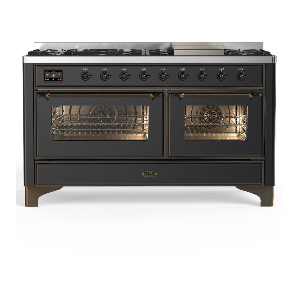 Ilve UM60FNR3MGBLP Ilve Um60Fnr3Mgblp Majestic Iii 60 Inch Dual Fuel Range With 9 Burners And Griddle, Dual Function Burner Up To 25,000 Btu (Liquid Propane, Triple Glass Door, Graphite Matte, Burnished)
