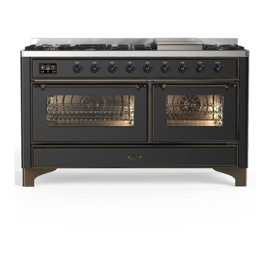 Ilve UM60FNR3MGBLP Ilve Um60Fnr3Mgblp Majestic Iii 60 Inch Dual Fuel Range With 9 Burners And Griddle, Dual Function Burner Up To 25,000 Btu (Liquid Propane, Triple Glass Door, Graphite Matte, Burnished)