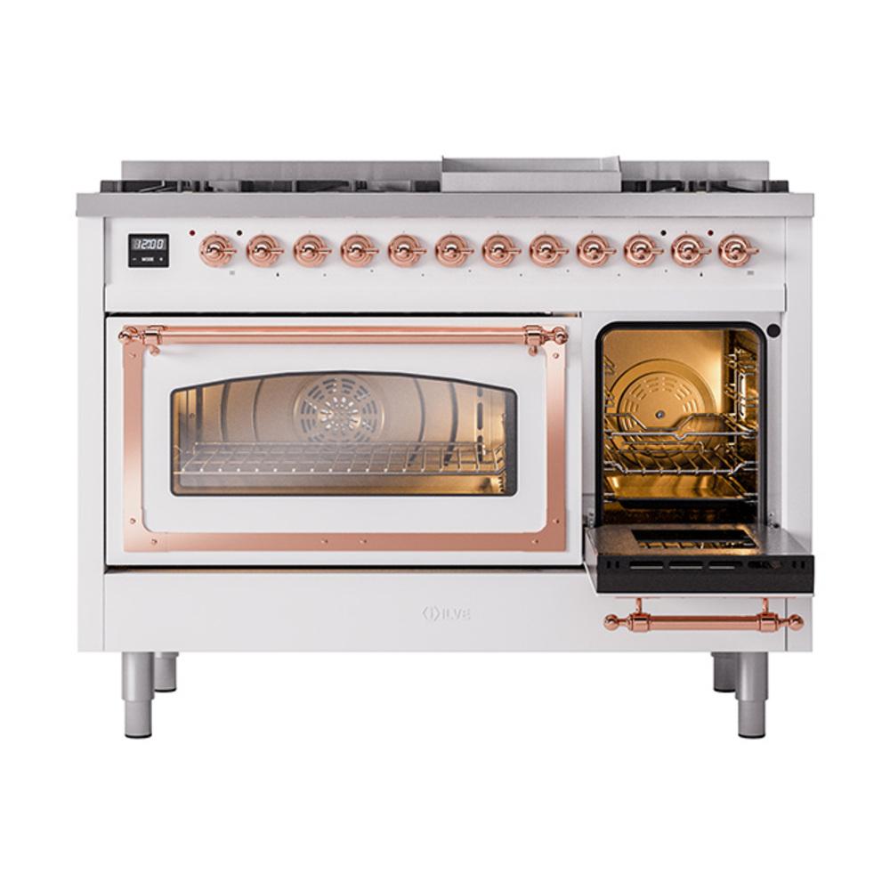 Ilve UN48FNMPWHP Ilve Un48Fnmpwhp Nostalgie Ii Noblesse 48" Dual Fuel Range (8 Sealed Burners + Griddle, Natural Gas, Triple Glass Door, White, Copper)
