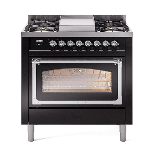 Ilve UN36FNMPBKC Ilve Un36Fnmpbkc Nostalgie Ii Noblesse 36" Dual Fuel Range (Natural Gas, Triple Glass Door, Glossy Black, Chrome)