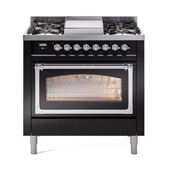 Ilve UN36FNMPBKC Ilve Un36Fnmpbkc Nostalgie Ii Noblesse 36" Dual Fuel Range (Natural Gas, Triple Glass Door, Glossy Black, Chrome)