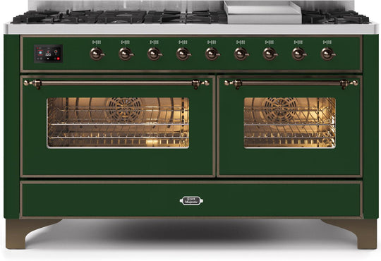 Ilve UM15FDNS3EGB Majestic Ii 60 Inch Dual Fuel Natural Gas Freestanding Range In Emerald Green With Bronze Trim