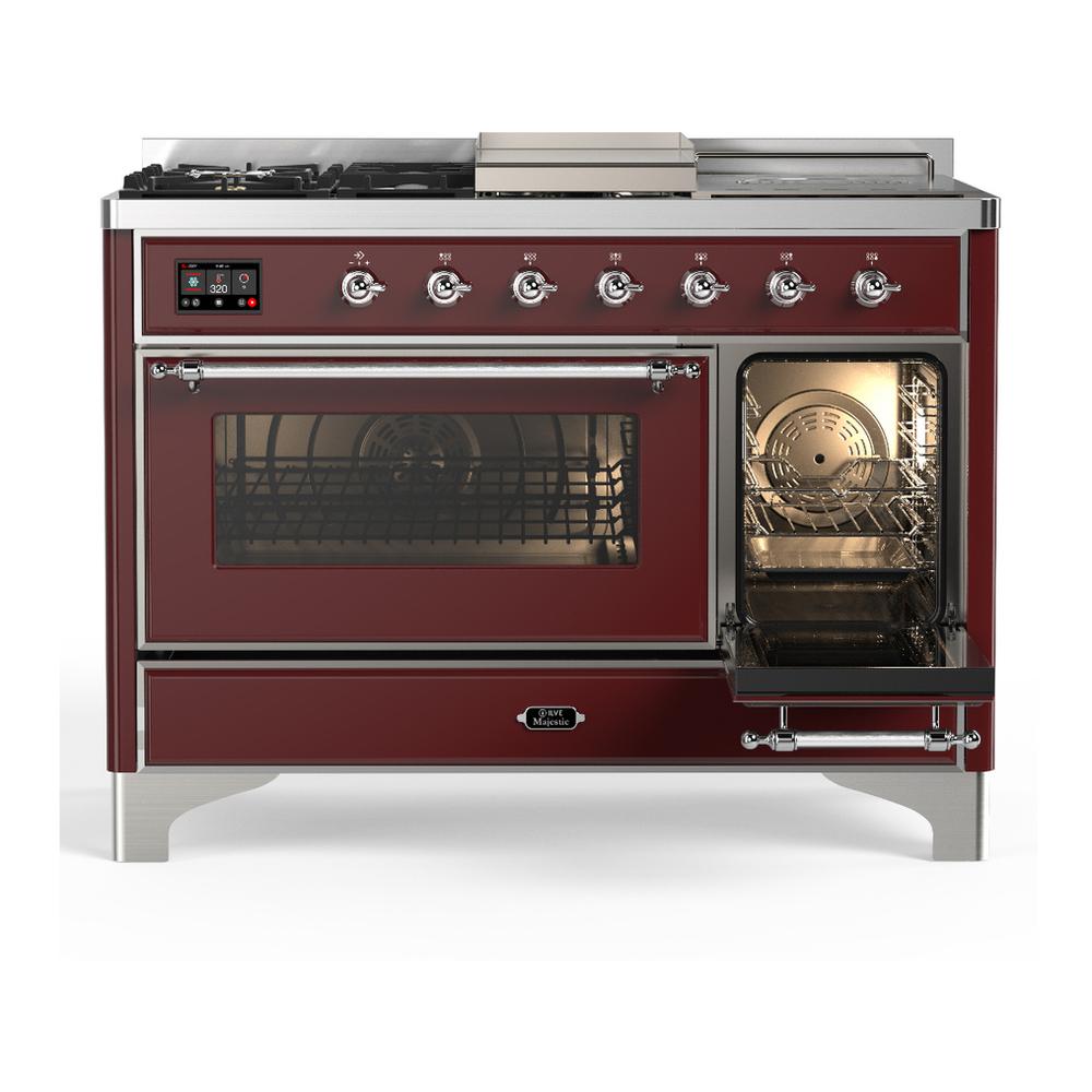 Ilve UM48FSNR3BUC Ilve Um48Fsnr3Buc Majestic Iii 48 Inch Dual Fuel Range With 5 Black Brass Burners, Griddle And French Top, Dual Function Burner Up To 25,000 Btu (Natural Gas, Triple Glass Door, Burgundy, Chrome)