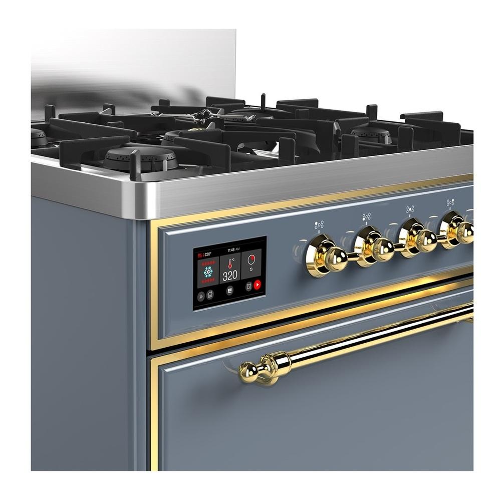 Ilve UM30QNR3BGGLP Ilve Um30Qnr3Bgglp Majestic Iii 30 Inch Dual Fuel Range With 5 Black Brass Burners, Dual Function Burner Up To 25,000 Btu (Liquid Propane, Solid Door, Blue Grey, Brass)