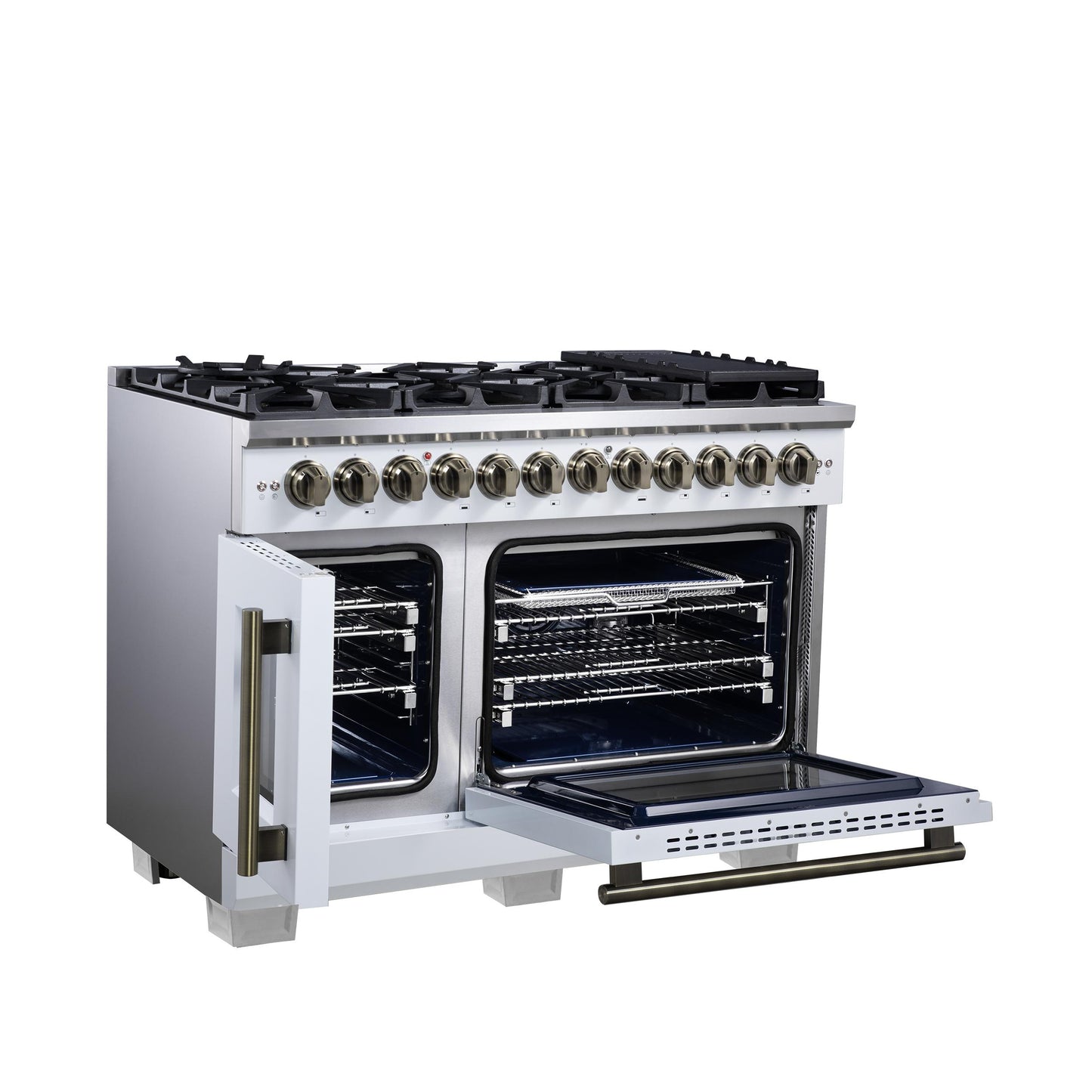 Forno FFSGS638748WHT Forno Capriasca 48 Inch Freestanding French Door Dual Fuel Range In White With Antique Brass Accessories, 8 Burners, True Convection Oven