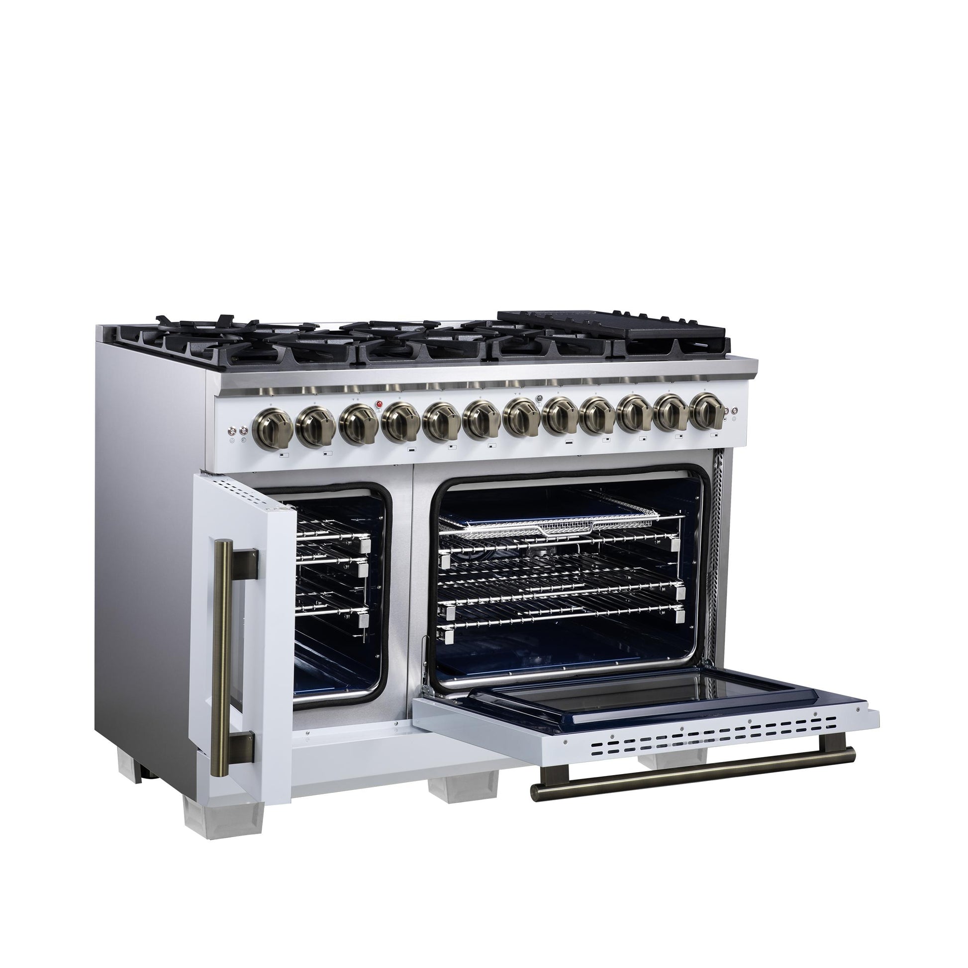 Forno FFSGS638748WHT Forno Capriasca 48 Inch Freestanding French Door Dual Fuel Range In White With Antique Brass Accessories, 8 Burners, True Convection Oven