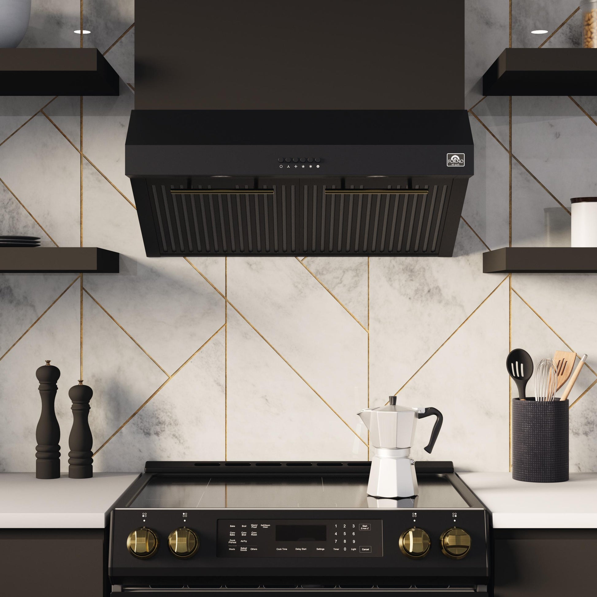 Forno FRHUC525530BLK Forno Bari Espresso 30-Inch Under Cabinet Range Hood, Black, 600 Cfm, Led Lighting, Dishwasher-Safe Baffle Filters, 3-Speed Fan Control