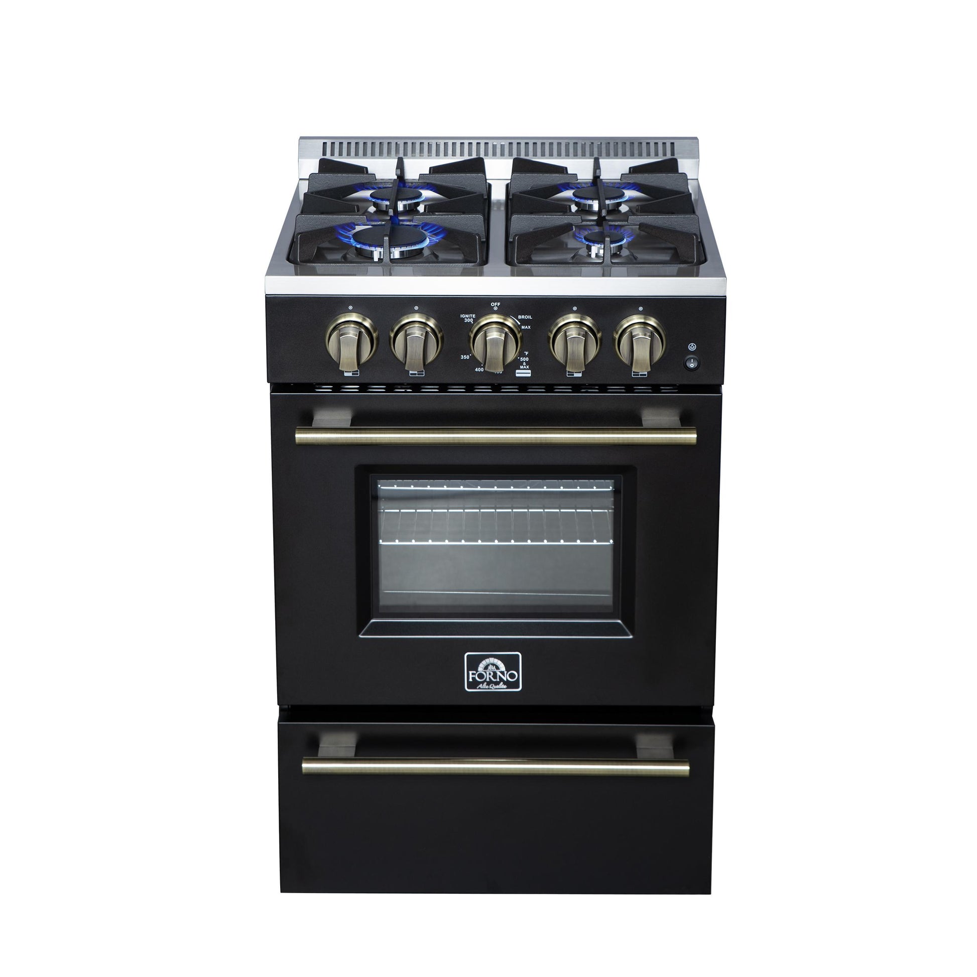 Forno FFSGS627224BLK Forno Breno 24 Inch Freestanding Gas Range In Black With Antique Brass, Compact Design