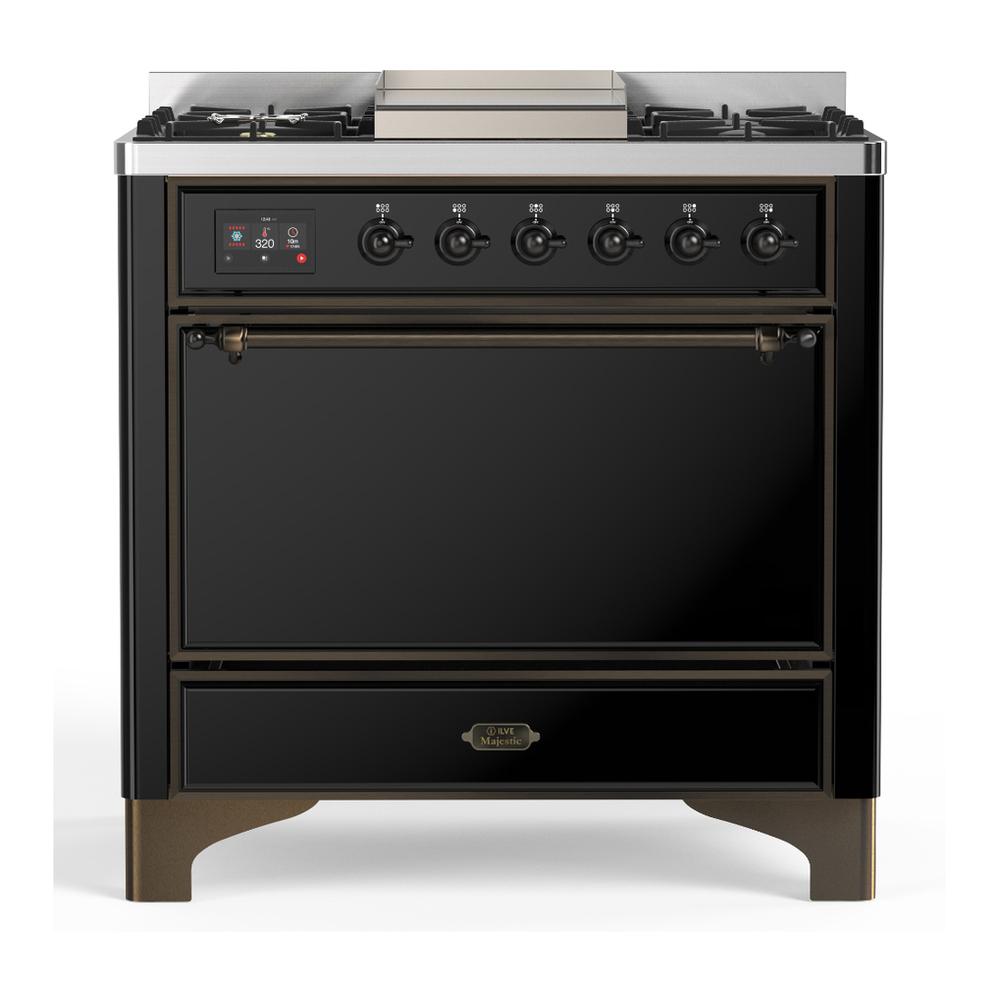Ilve UM36FQNR3BKB Ilve Um36Fqnr3Bkb Majestic Iii 36 Inch Dual Fuel Range With 6 Black Brass Burners And Griddle, Dual Function Burner Up To 25,000 Btu (Solid Door, Glossy Black, Burnished, Natural Gas)