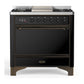 Ilve UM36FQNR3BKB Ilve Um36Fqnr3Bkb Majestic Iii 36 Inch Dual Fuel Range With 6 Black Brass Burners And Griddle, Dual Function Burner Up To 25,000 Btu (Solid Door, Glossy Black, Burnished, Natural Gas)