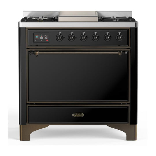 Ilve UM36FQNR3BKB Ilve Um36Fqnr3Bkb Majestic Iii 36 Inch Dual Fuel Range With 6 Black Brass Burners And Griddle, Dual Function Burner Up To 25,000 Btu (Solid Door, Glossy Black, Burnished, Natural Gas)