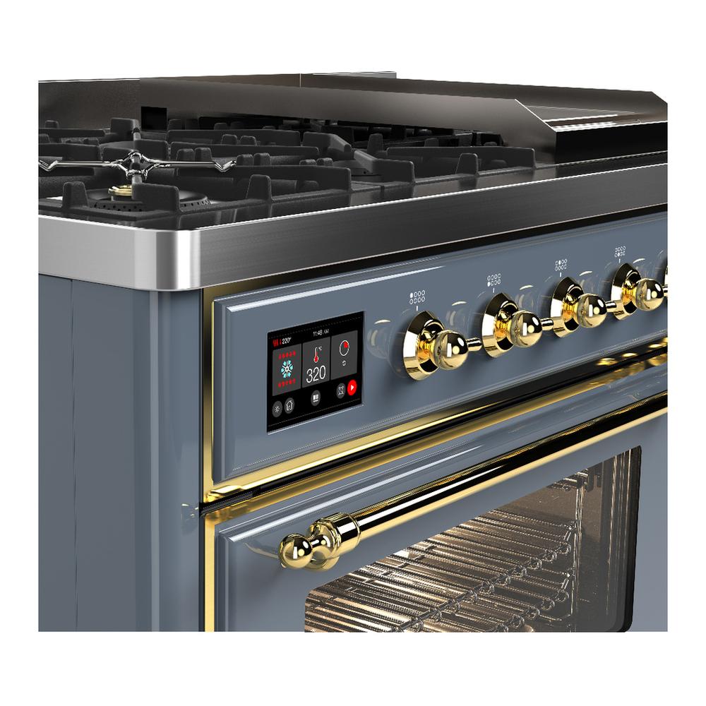 Ilve UM48FNR3BGGLP Ilve Um48Fnr3Bgglp Majestic Iii 48 Inch Dual Fuel Range With 8 Burners And Griddle, Dual Function Burner Up To 25,000 Btu (Liquid Propane, Triple Glass Door, Blue Grey, Brass)
