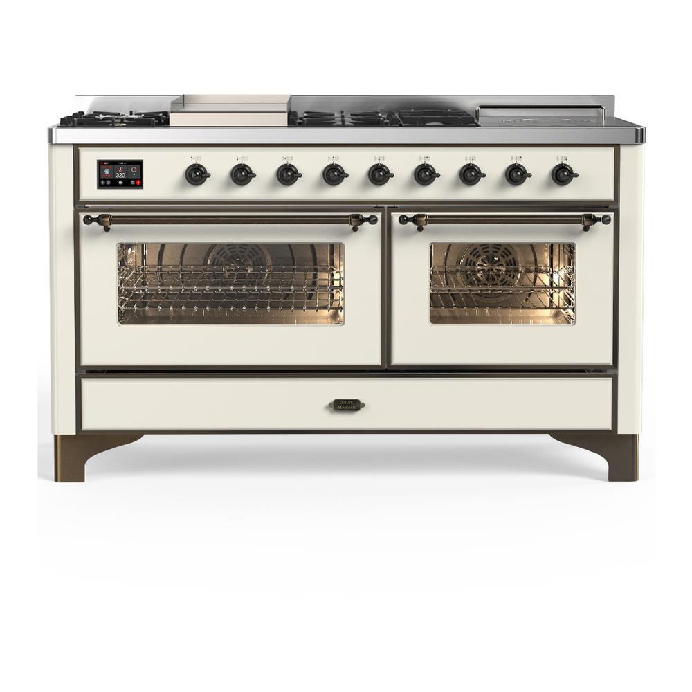 Ilve UM60FSNR3AWB Ilve Um60Fsnr3Awb Majestic Iii 60 Inch Dual Fuel Range With 7 Burners, Griddle And French Top, Dual Function Burner With Up To 25,000 Btu (Natural Gas, Triple Glass Door, Antique White, Burnished)